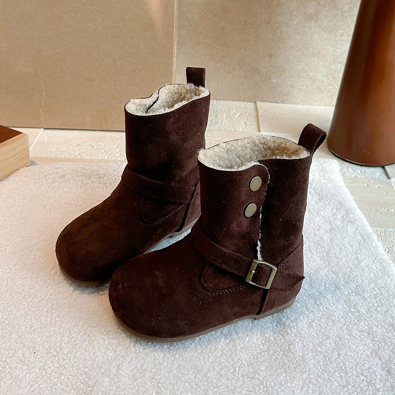 Girls Faux Shearling Leather Boots 2026 New Winter Toddler Warm Foldable Cuff Boots Non-slip Simple Princess School Party Boots