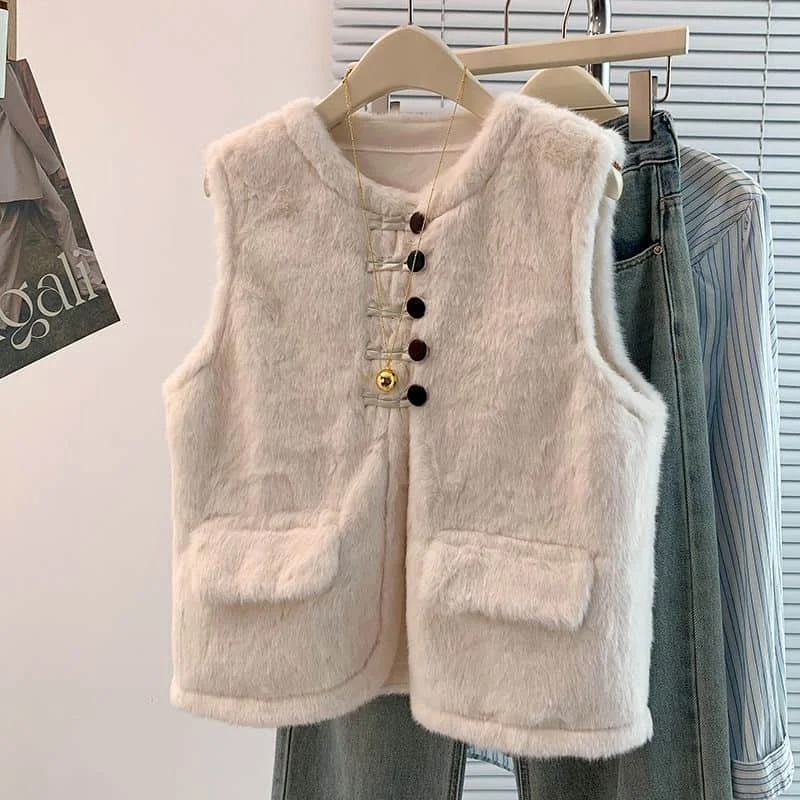 

Fleece Waistcoats Plush O-neck Vest Casual Lamb Wool Autumn Winter Sleeveless Cardigans Korean Style Jackets Loose Women Tops