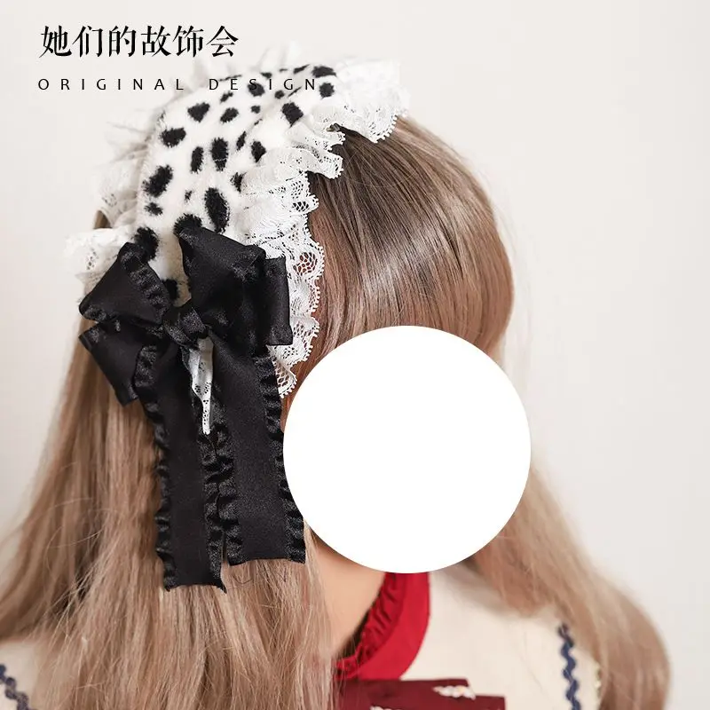 Kawaii Cow Print Headband Lace Bow Head Wrap Lolita Wedding Party Cosplay Maid Headdress Women Girls Anime Hair Accessories