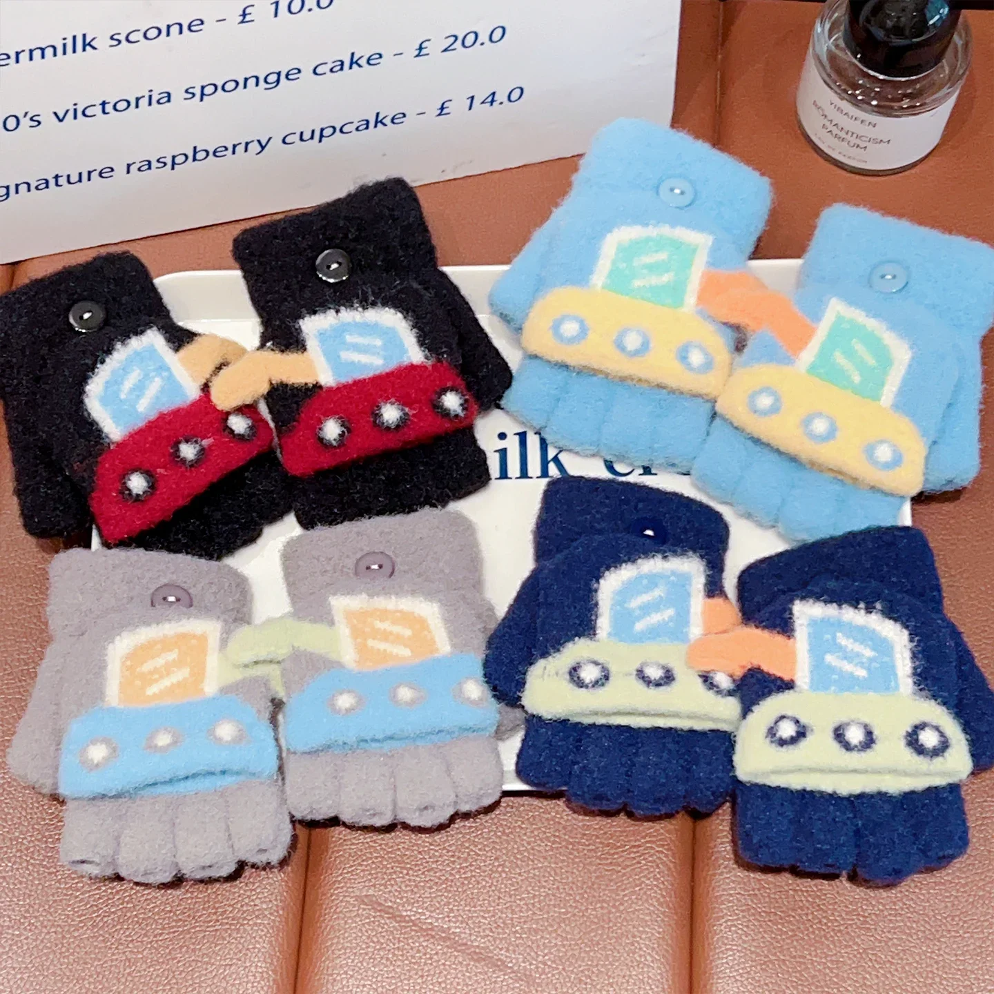 Kids Winter Convertible Flip Gloves Cute Car Pattern Knitted Plush Full Finger Half Finger 2 in 1 Gloves Boys Thermal Windproof