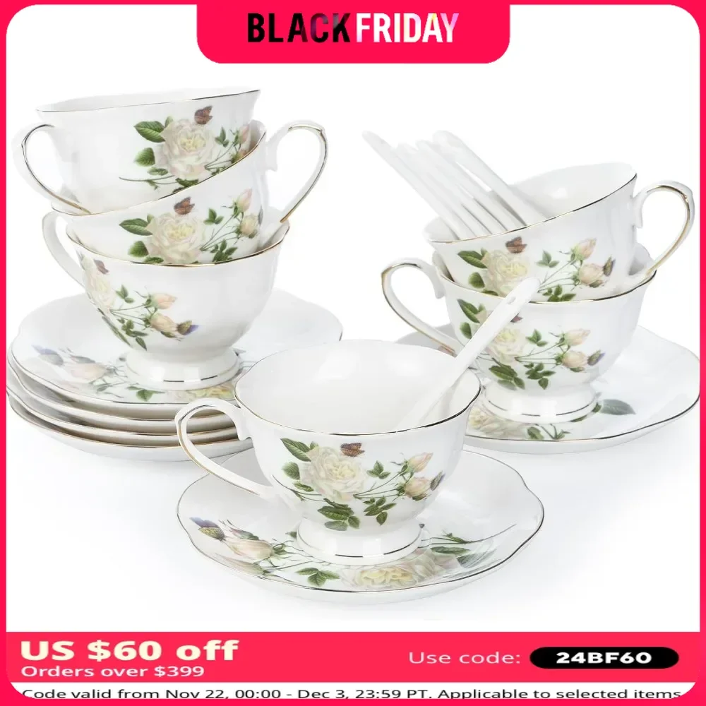 Tea Cup and Saucer Set, Porcelain Ivory Floral Coffee Cups with Saucers and Spoons, 6 Oz Tea Cup Set