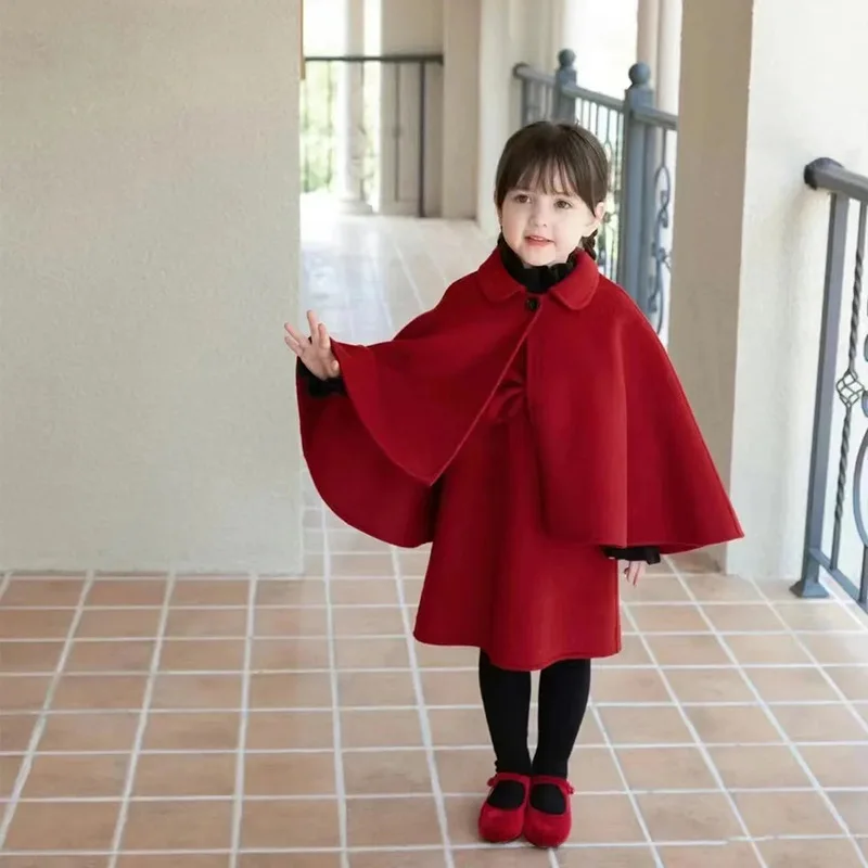 1-12 Year Kids Clothes Girl Fashion Princess Red Wool Cloak + Dress 2pcs Set Winter Autumn Children Baby Collar Cape Bow Dresses