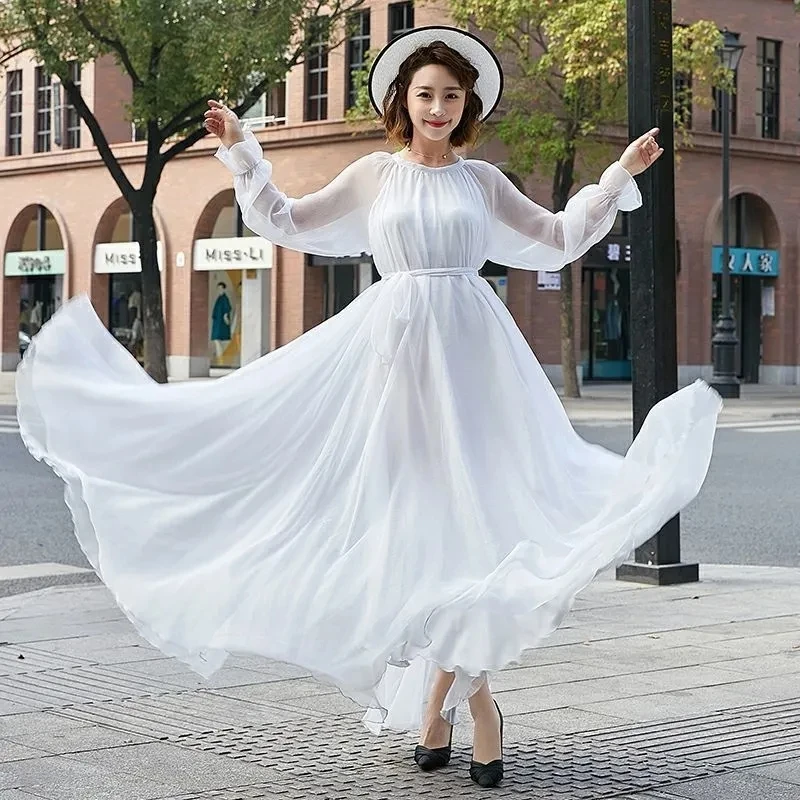 Beach Dress Women's 2024 New Summer Seaside Holiday Dress Loose Medium Long Desert Photo Large Swing Chiffon Pullover Dresses