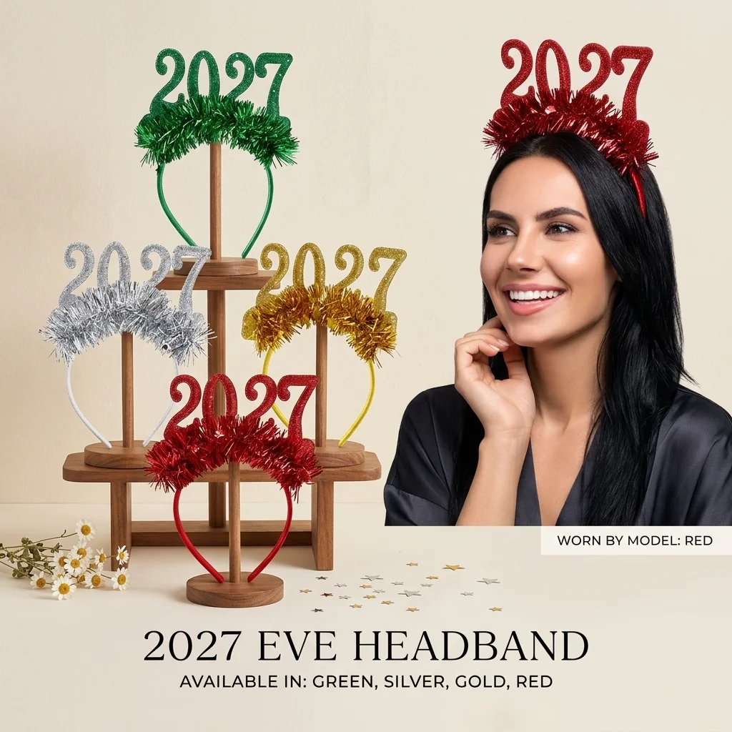 2027 Sequin New Year Headband Glitter Tinsel Hairband Sparkly NYE Celebration Headwear Holiday Dress Up Photo Props