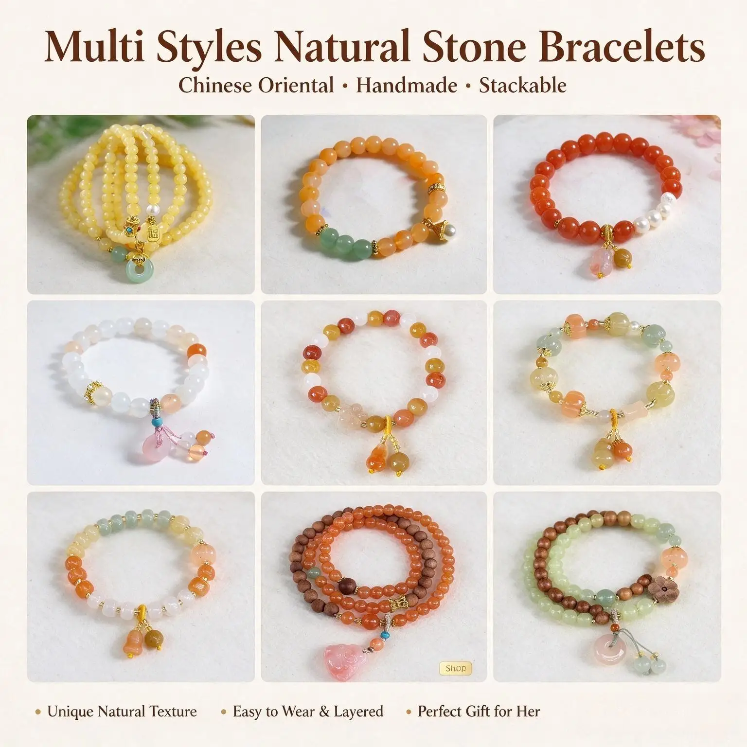 Barrel Bead Synthetic Gemstone Bracelet for Women, Chinese Vintage Handmade Elastic Boho Stackable Jewelry, Birthday Gift