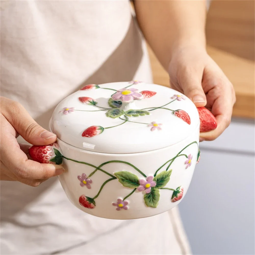 Cute Hand-painted Strawberry Storage Jar Kitchen Accessories Snack Oil Jar Embossed Household Products Storage Jar With Lid
