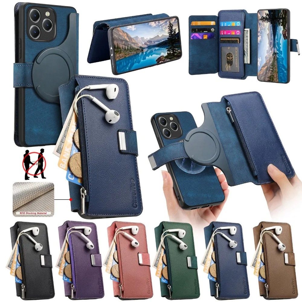 Luxus-Hülle RFID Leder-Kartenetui für Xiaomi Redmi Note 17 Pro Max 15 14 13 Pro Plus 5G 4G Abnehmbare 2-in-1 Reißverschluss-Brieftaschenhülle