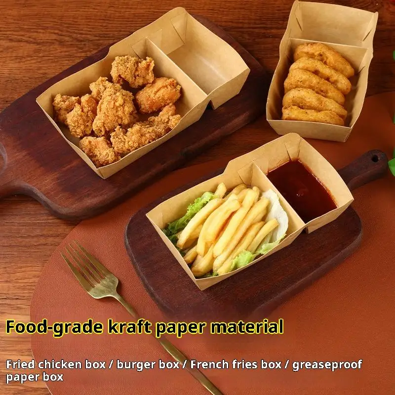 50pcs Disposable Kraft Paper Food Serving Tray Two Grids Snack French Fries Chicken Salad Carton Take Out Containers For Party