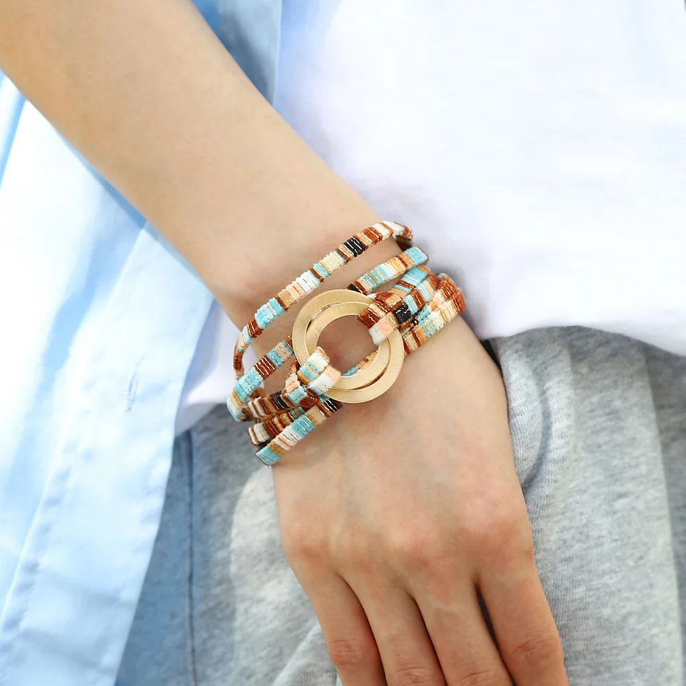 ALLYES Boho Double Circle Colorful Leather Bracelet for Women Vintage Chic Multilayer Wrap Bracelets Bangles Fall Winter Jewelry