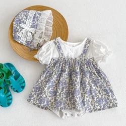 2024 New Summer 0-24M Children Clothes Newborn Baby Girl Romper+Hat Short Sleeved Cotton Print Splicing Toddler Baby Jumpsuit