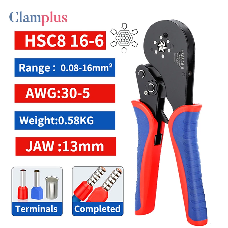 

HSC8 16-6 Ferrule Terminals Crimper Tool Hexagon Crimping Pliers 0.08-16mm²/30-5AWG Large Range Size Ratchet Electrical Clamp