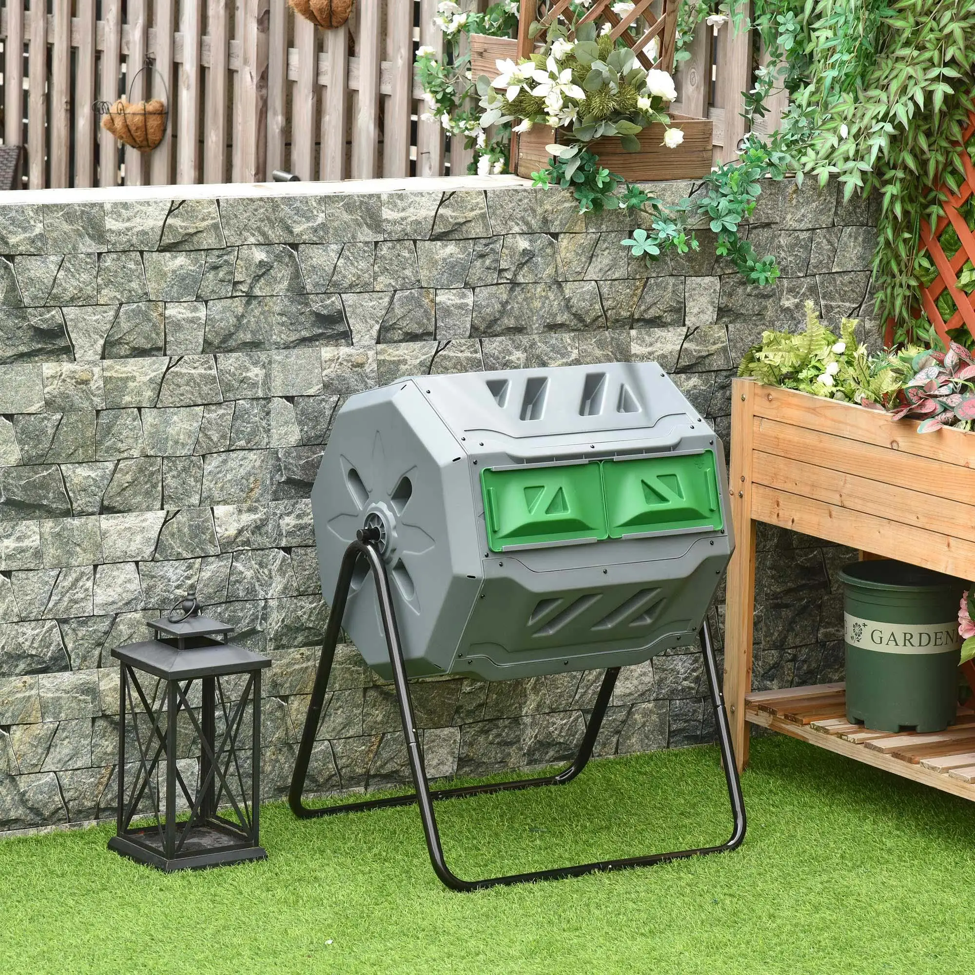 Contenedor de compostaje giratorio de 2 compartimentos, barril giratorio de 160 L con 8 orificios de ventilación, abono de papel para jardín, protección de cultivos