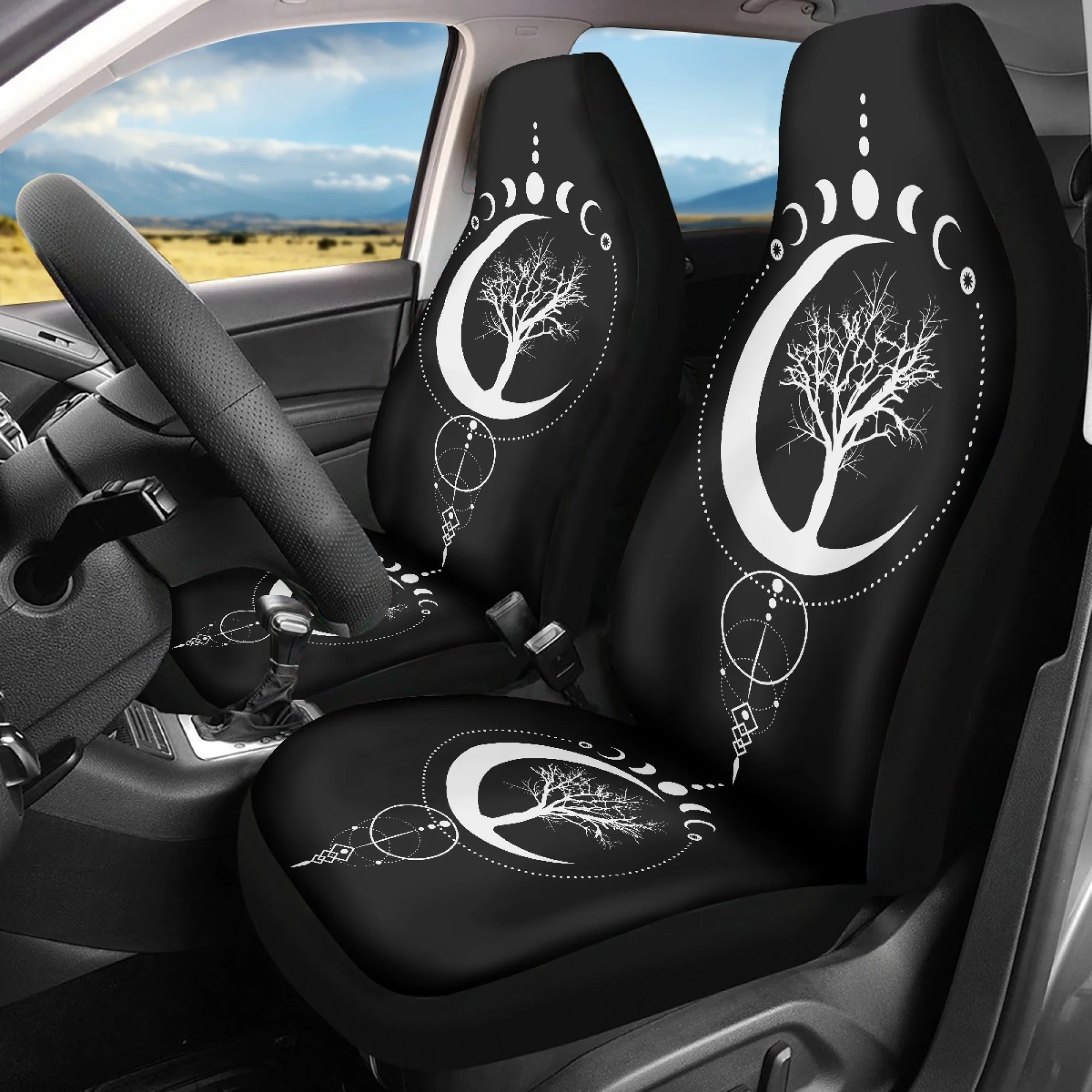 2pcs Moon And Peace Tree Pattern Car Seat Covers, For Women And Man, Universal Auto Front Seats Protector Fits For Car, SUV Seda