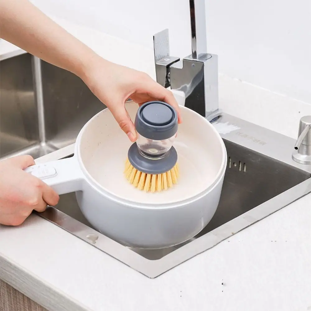 Upright Liquid Adding Pot Washing Brush Detachable Replaceable Brush Head Soap Dispensing Dish Washing Brush Grey