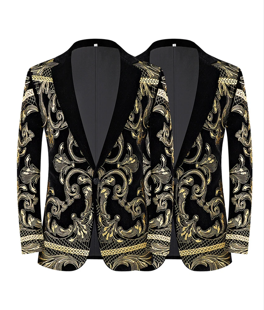 

Men's black and gold embroidered velvet suit jacket, slim-fit little tuxedo party singer performance outfit. Celebrity Gowns