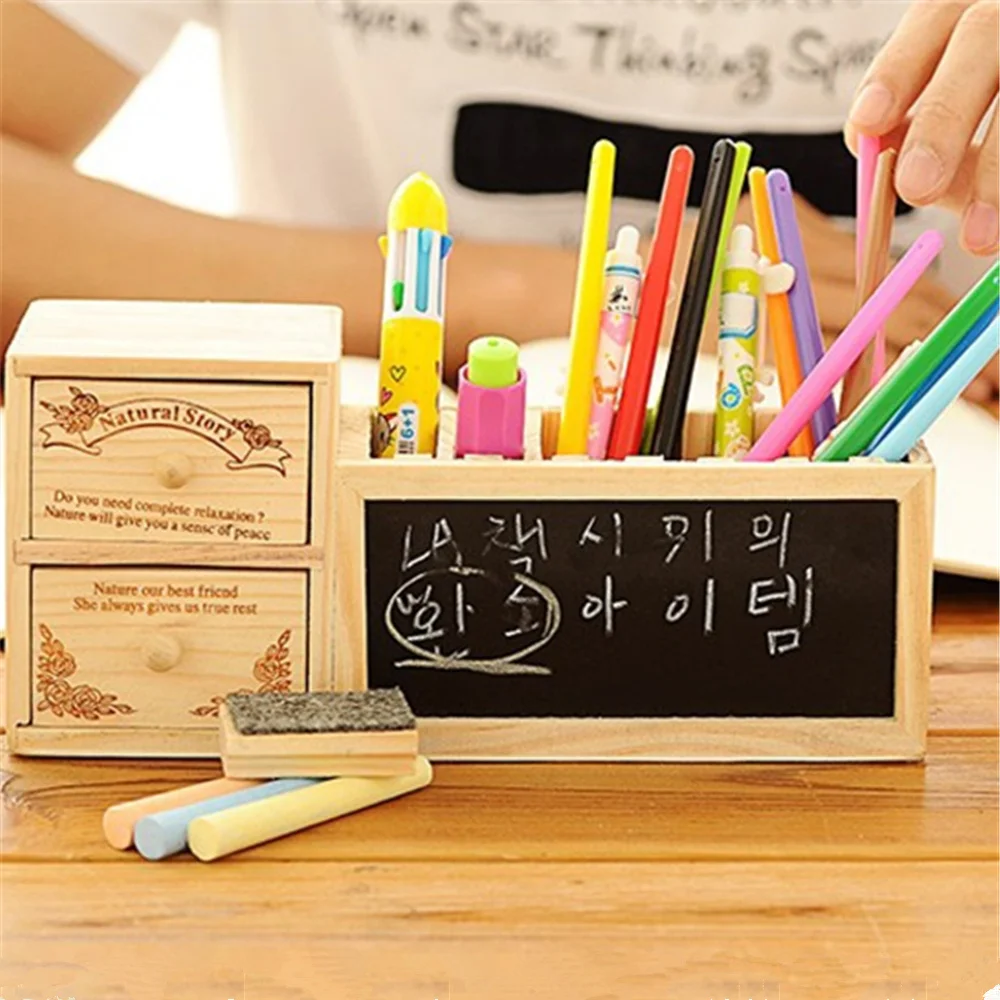 Wooden Pen Holder with Blackboard Kawaii Desk Tidy Pencil Holder Desktop Pen Pot Creative Office Accessories