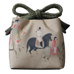 Drawstring Bag Travel Tea Set Teapot Teacup Cloth Storage Bags Vintage Painting Portable Cup Bowl Organizer