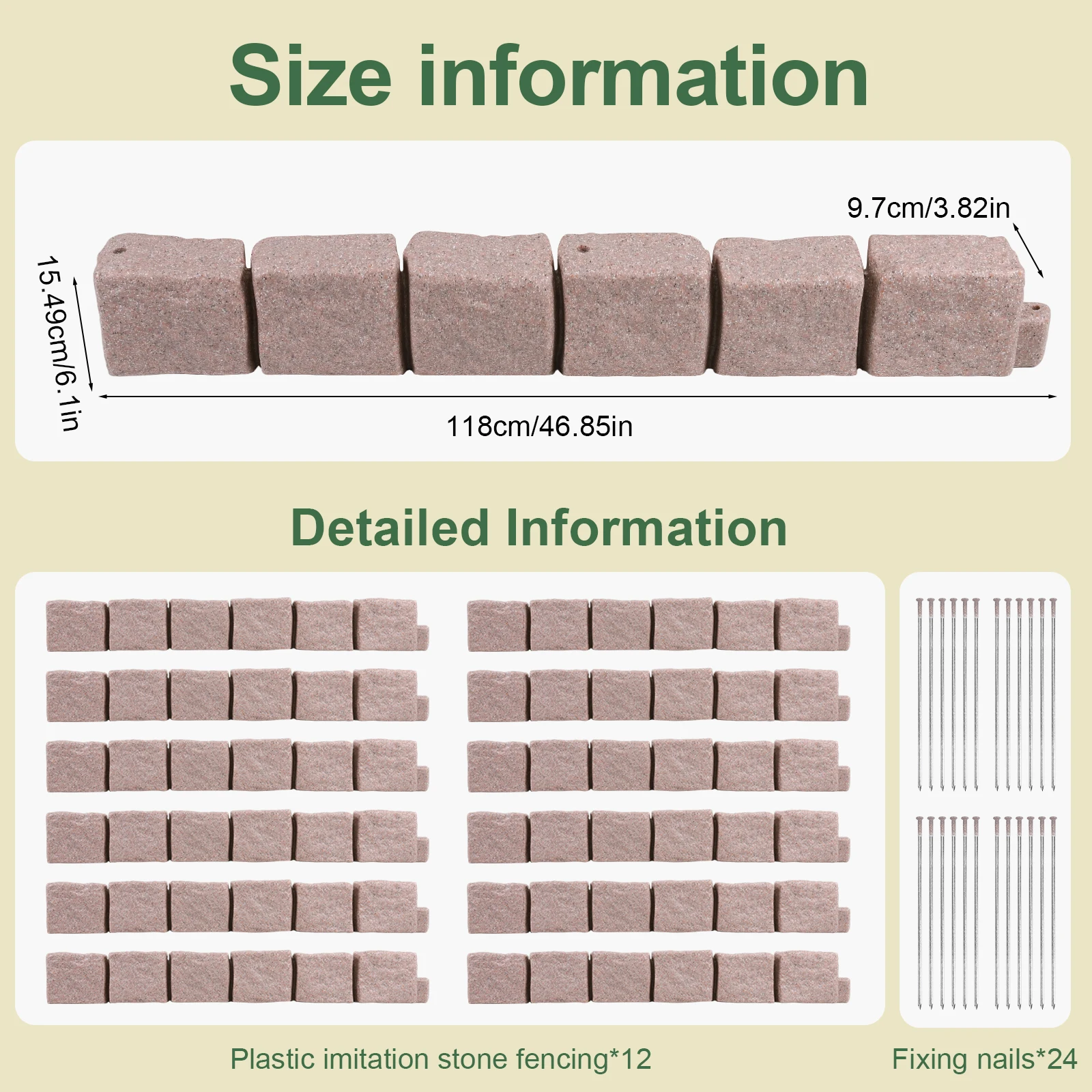 Plastic Garden Lawn Border Decorative Stone-Look Garden Border with 24 Pieces Spikes 12pcs for DIY Outdoor Yard Landscaping