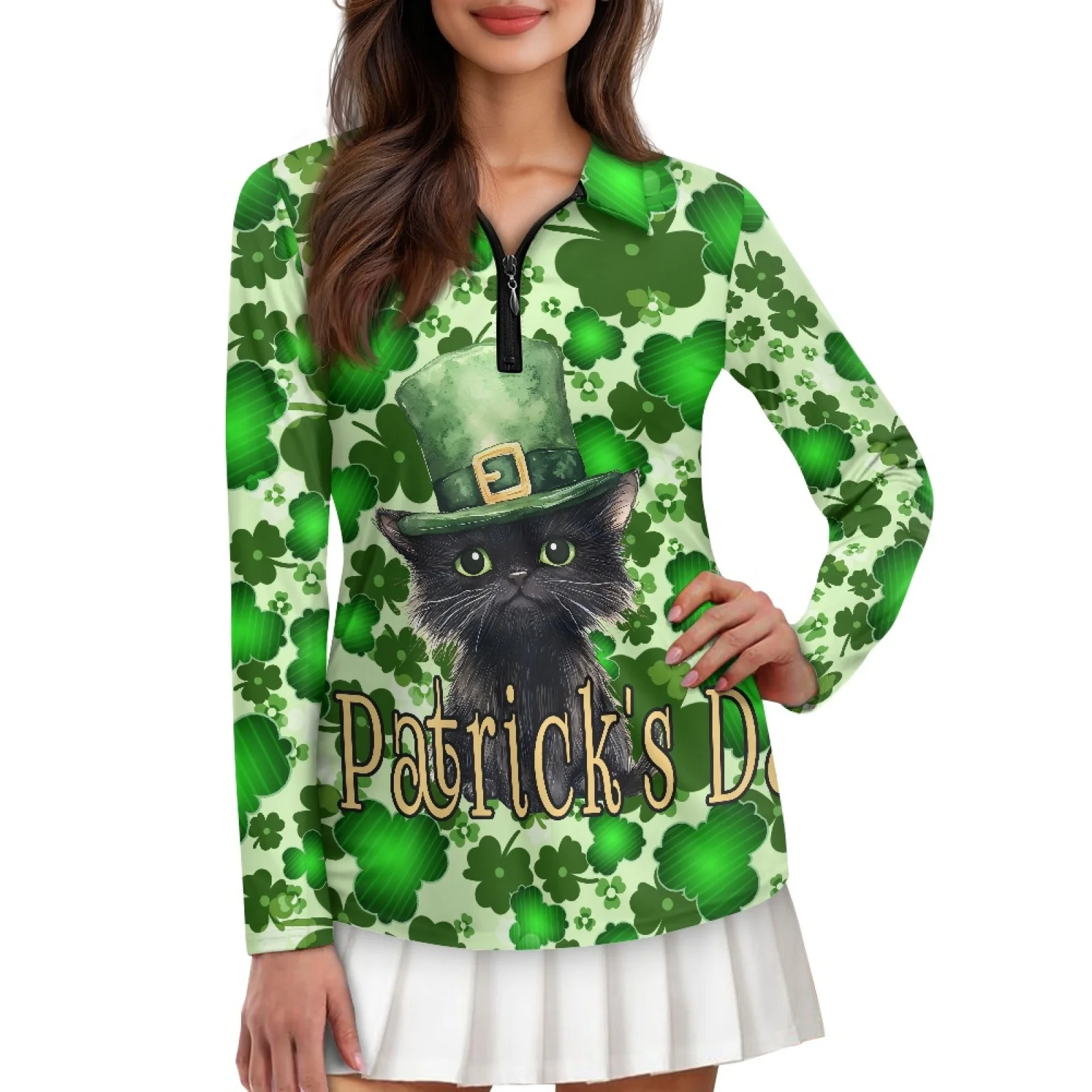 PENSTROLL St. Patrick's Cat Clover Womens Moisture Wicking Athletic Blouses Quick Dry Golf Polos Shirts for Fall