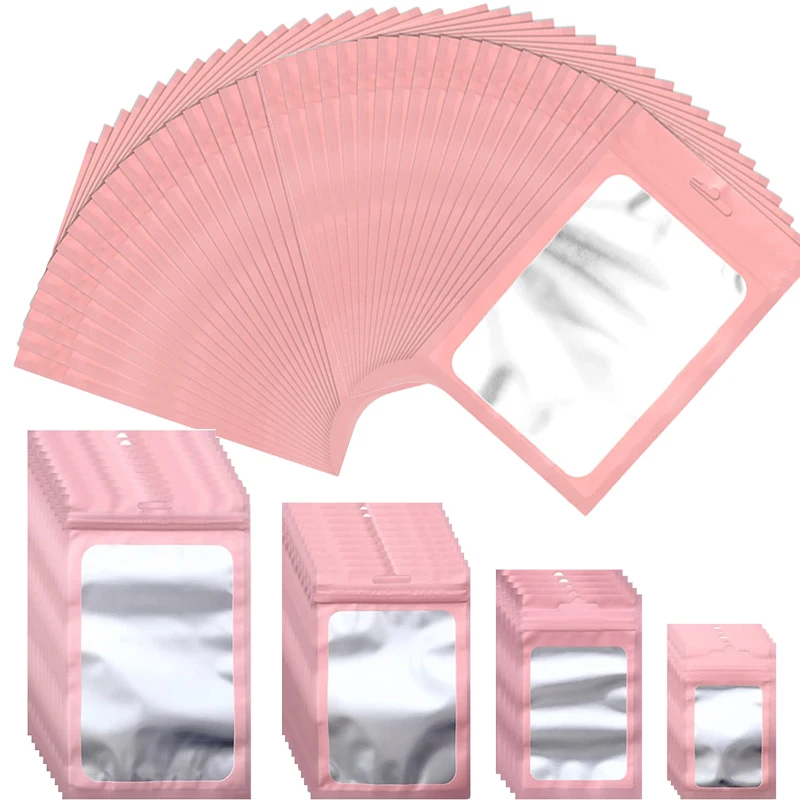 50pcs Plastic Matte Pink Aluminum Foil Zip Lock Packaging Bag Jewelry Necklace Storage Pouch Small Sachets Food Sample Bags