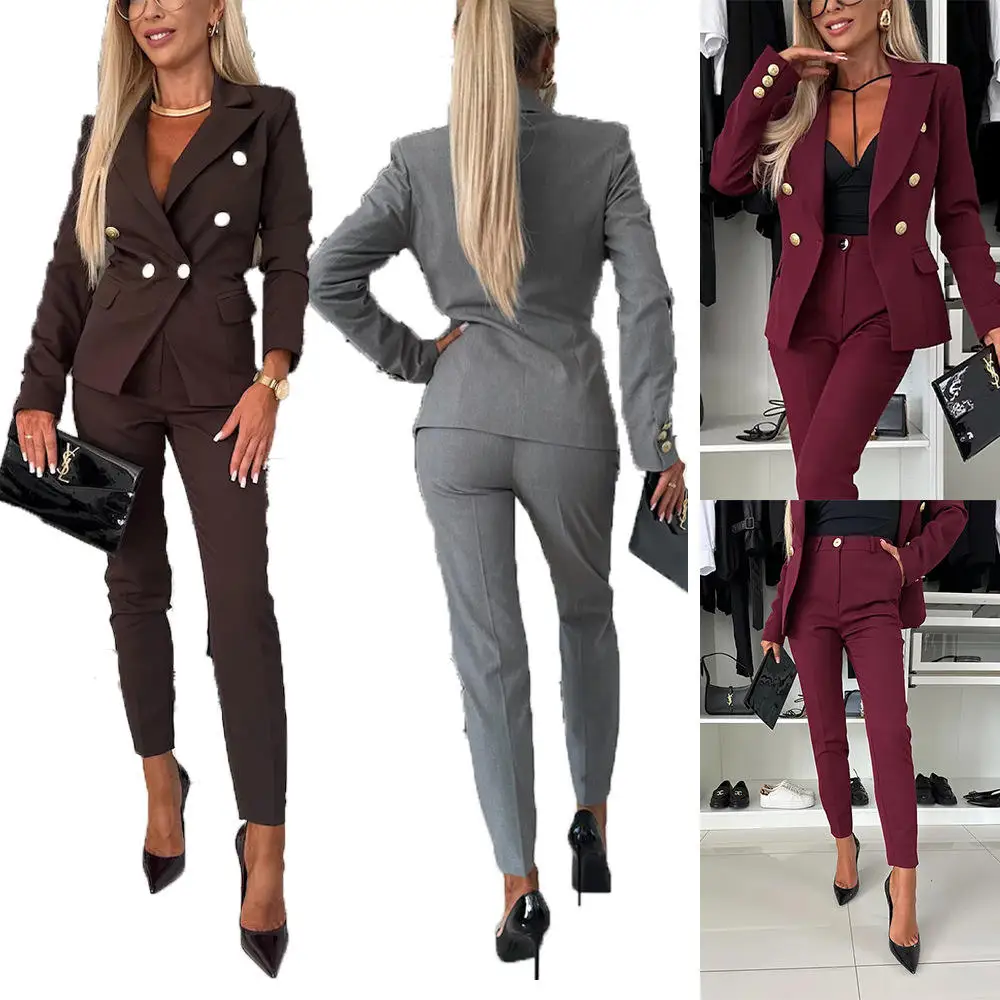

Elegant Professional Women's Suit Pants Set with Double Breasted Jacket Independent Station Cross Border Hot Sale Slim Fit
