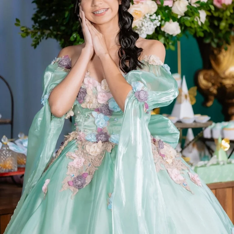 

mint green Quinceanera Dress Lace layering 3D flower decal Long tail Bow vestidos de 15 Quinceanera ﻿Customized