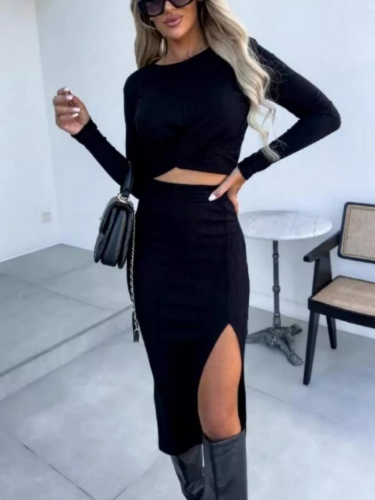 

Autumn and Winter New Style Streetwear Knitting Fold Long Sleeve High Waist Slit Hip Wrap Skirt Suits Women Clothing Two Pcs Set