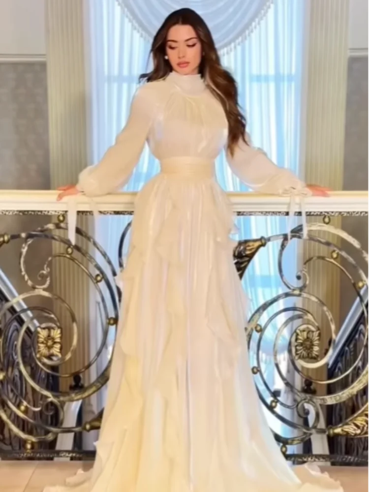 

Elegant Pleated Multi-layer Ruffles Bow Collar Floor Dresses Women Long Sleeve High Waist Evening Fold A-line Dress Autumn Robe