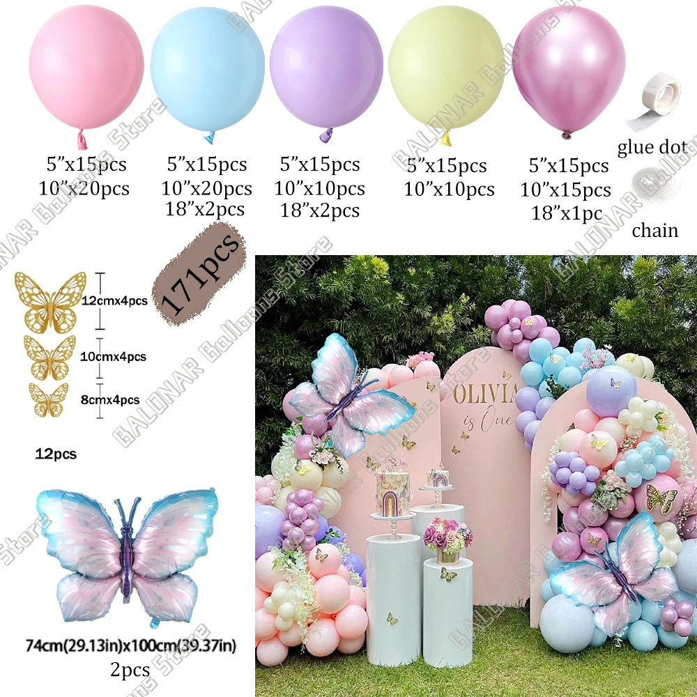 171/152pcs Butterfly Balloons Garland Arch Kit Macaron Pink Purple Balloon Girls Birthday Party Globos Baby Shower Wedding Decor