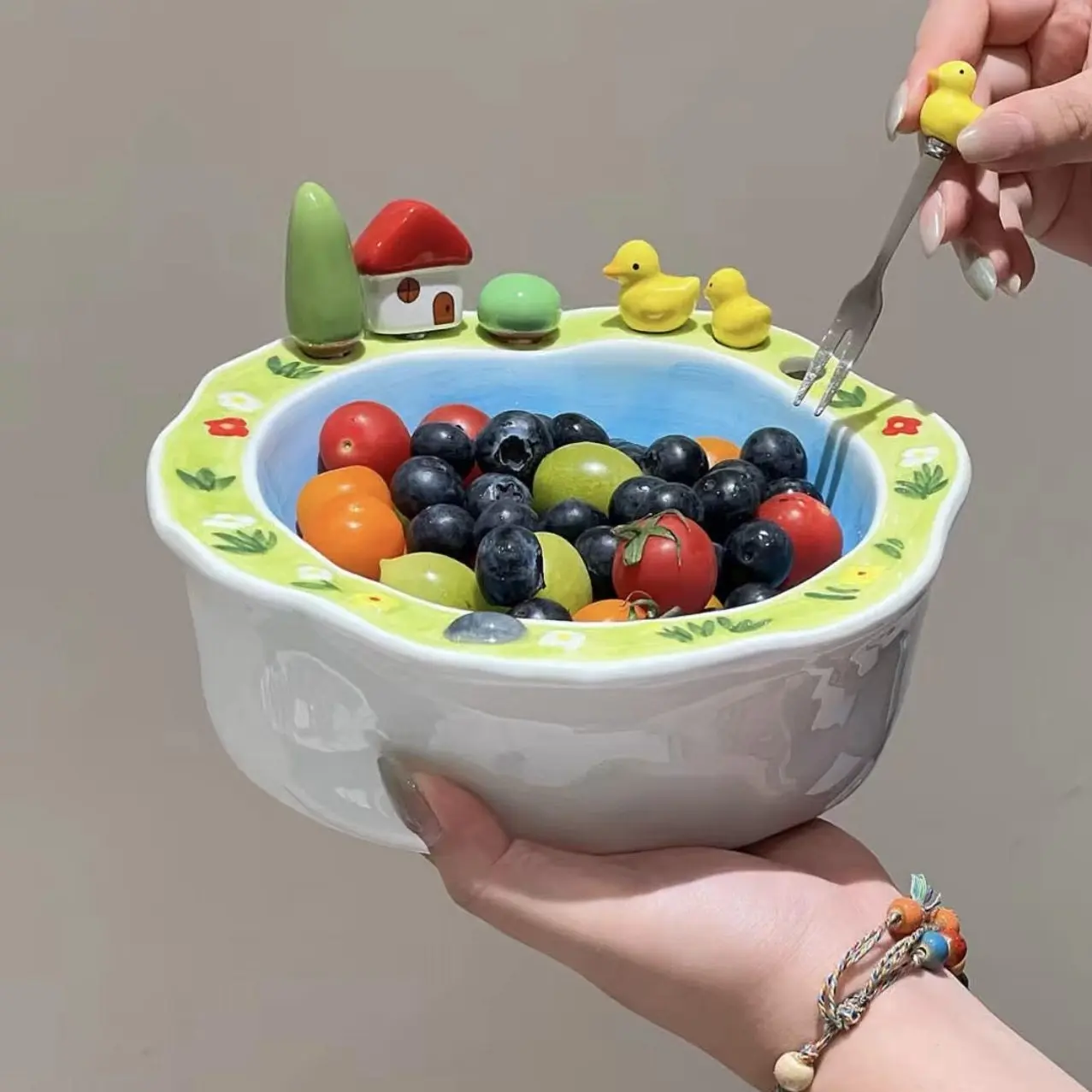 Lake Ceramic Fruit Fork Plate Set, Household 304 Fruit Fork, Living Room Desktop Snack Fruit Bowl - view 3