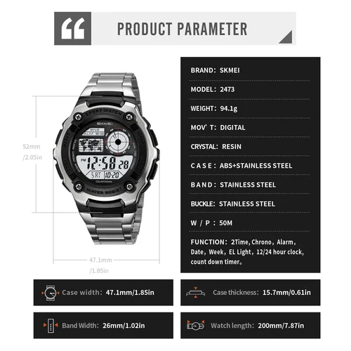 Imagen 2 del producto SKMEI 2473 Reloj deportivo para hombre Diseño redondo resistente ABS + Caja de acero inoxidable Correa 50M Funciones de alarma crono impermeables