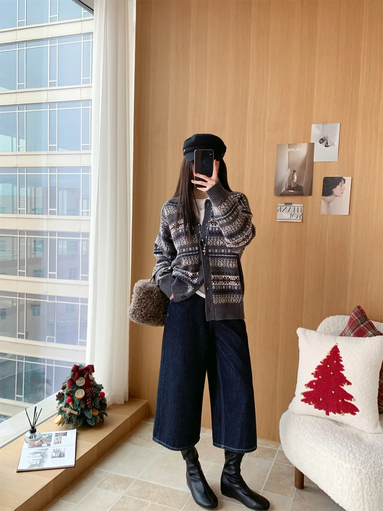 

Вязаный шерстяной кардиган Flippedice и брюки-кюлоты в этническом стиле для женщин: винтажный образ для блогеров и повседневной носки