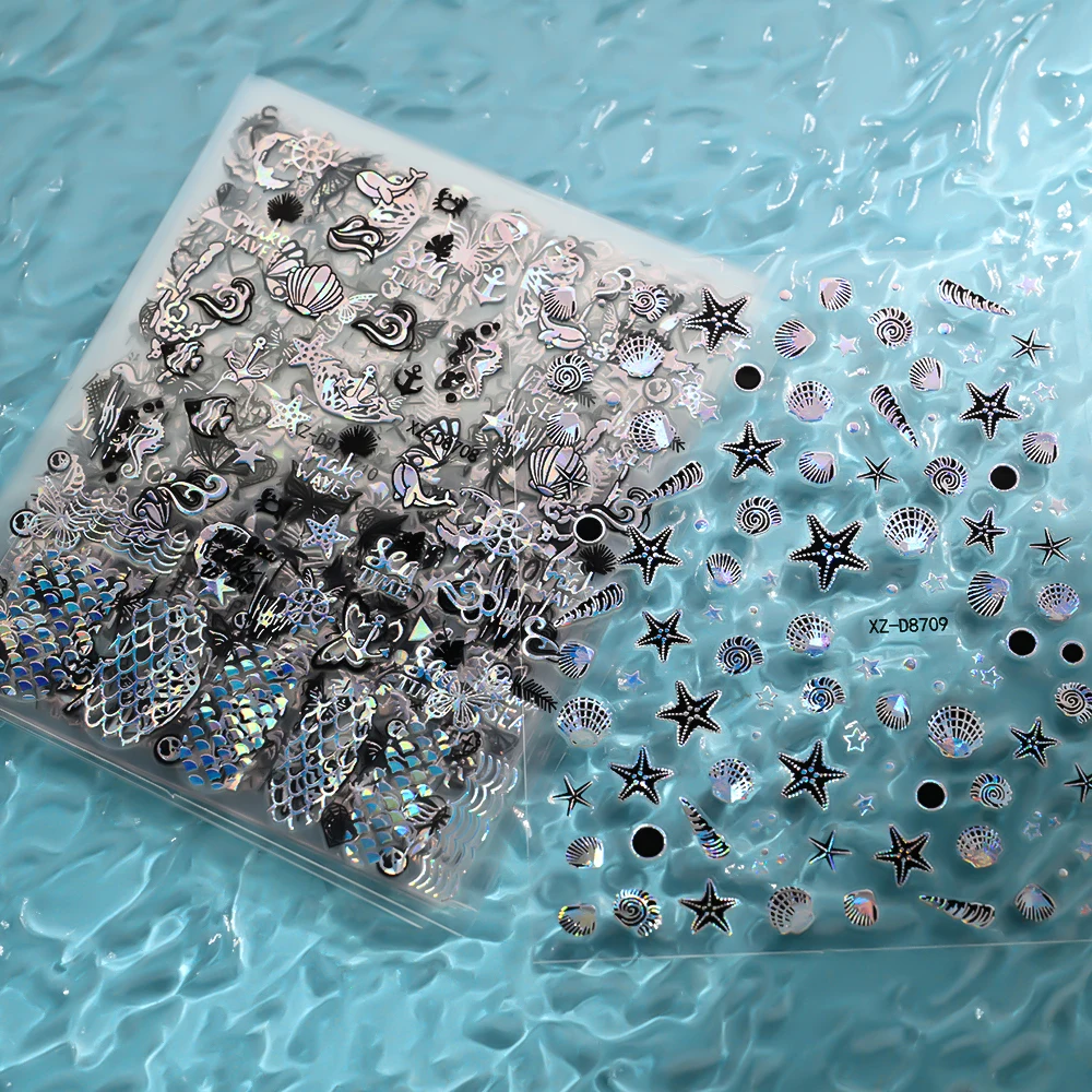 12Pcs Laser Blue Black Summer Sea Nail Stickers 3D Mermaid Shell Starfish Butterfly Press On Nails Slider Deco Shiny Nail Decals 5