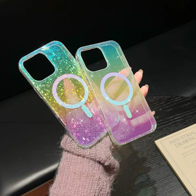 الليزر شبكة نمط أورورا بريق المغناطيسي قضية الهاتف آيفون 16 15 14 13 12 برو ماكس زائد 11 الملونة واضح للصدمات قذيفة