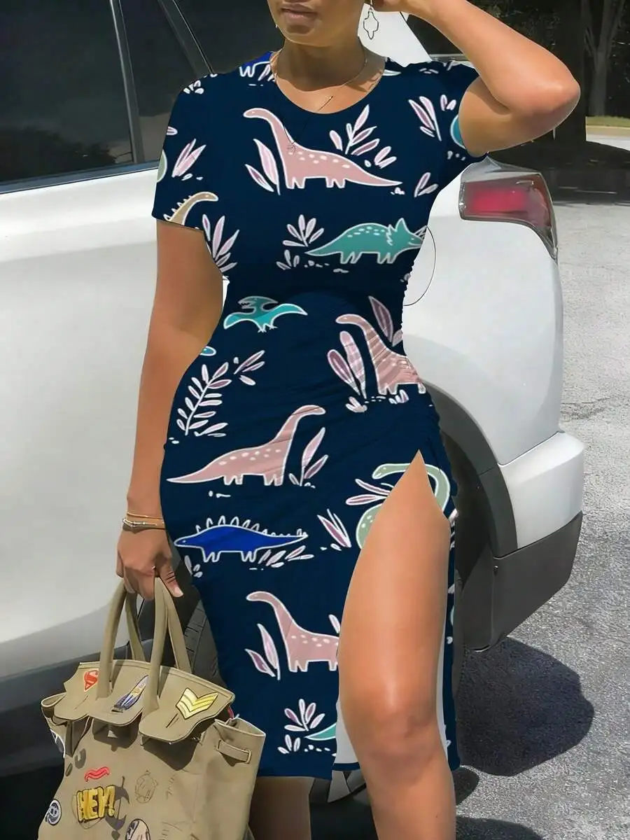 

Dinosaur Leaf Print Bodycon Dress Side Split Short Sleeve Midi Dress