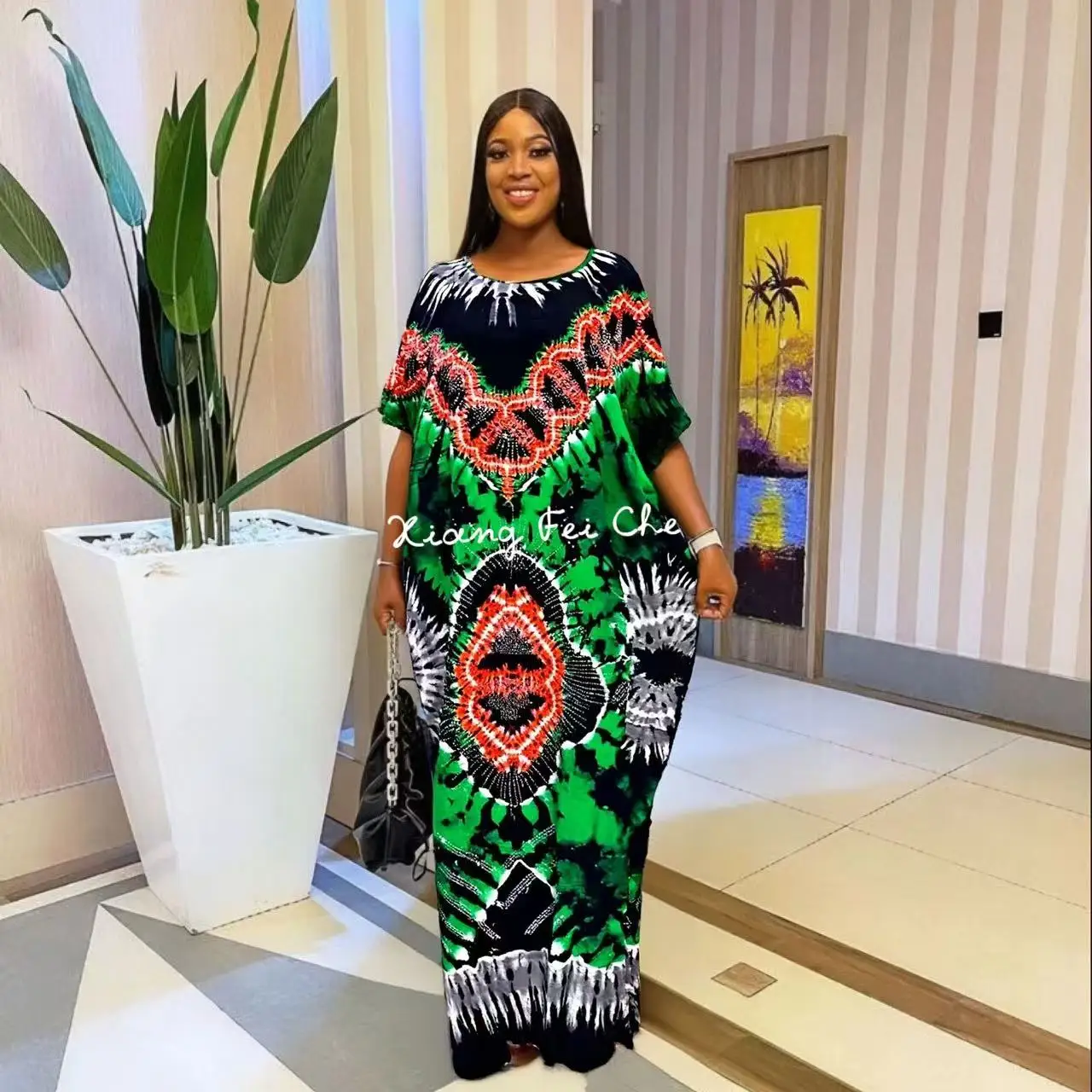 

2025 New Fashion Summer Robe Beautiful African Cloth Cotton Printed Women's Dress Plus Size Round Neck Loose Ethnic Dress