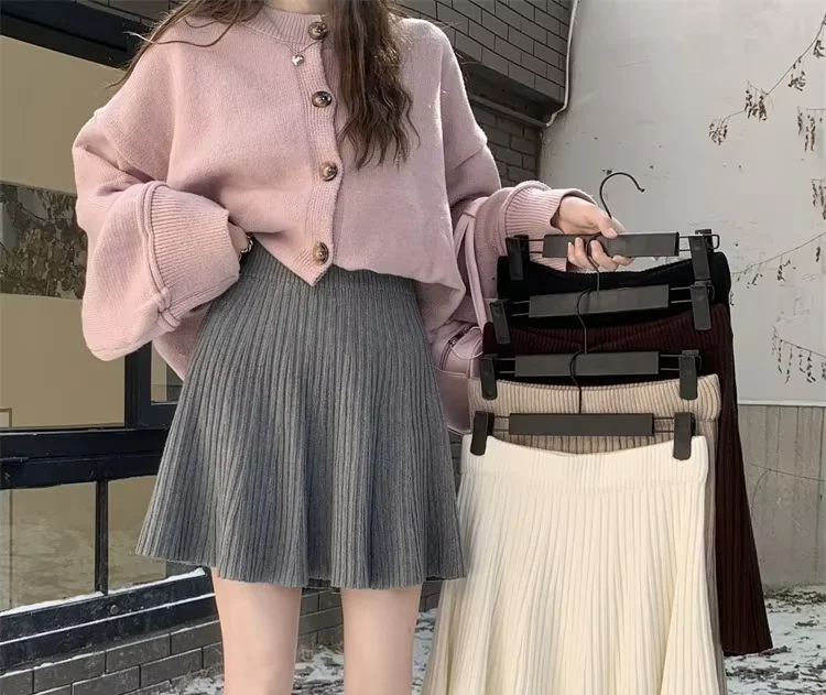 Autumn Knit White Mini Pleated Skirts For Women A Line Skirt Gray High Waist Women Knitted Pleated Short Skirts Korean Fashion