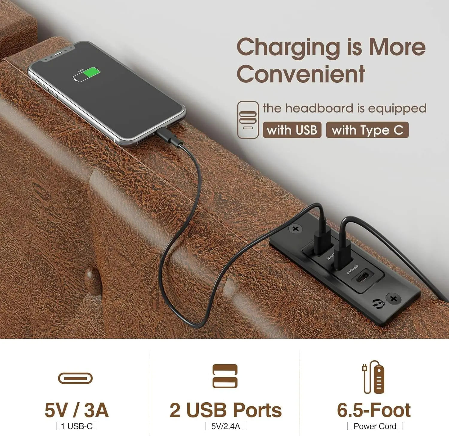 GREENSTELL-Cabeceira de Parede com USB para Cama King Size, Cabeceira de Couro PU Apenas, Tubo Industrial, Estilo Moderno, Hangi Marrom