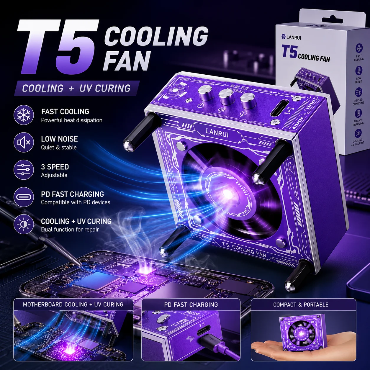 LANRUI T5 3-in-1 Ice Cooling Fan UV Curing Tool PD Fast Charging 3-Speed for Motherboard Repair