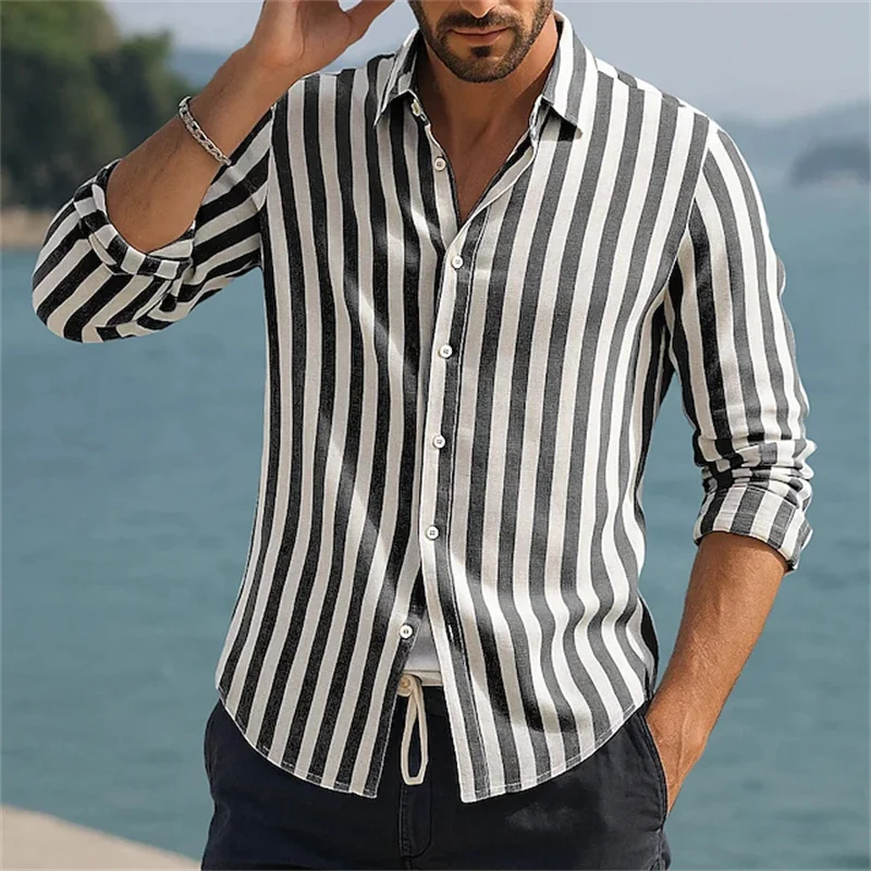 Black and White Stripe Print Men Long-sleeved shirt Fashion Lapel Loose Top Casual Simple Style Men's Social Shirt Daily T-shirt