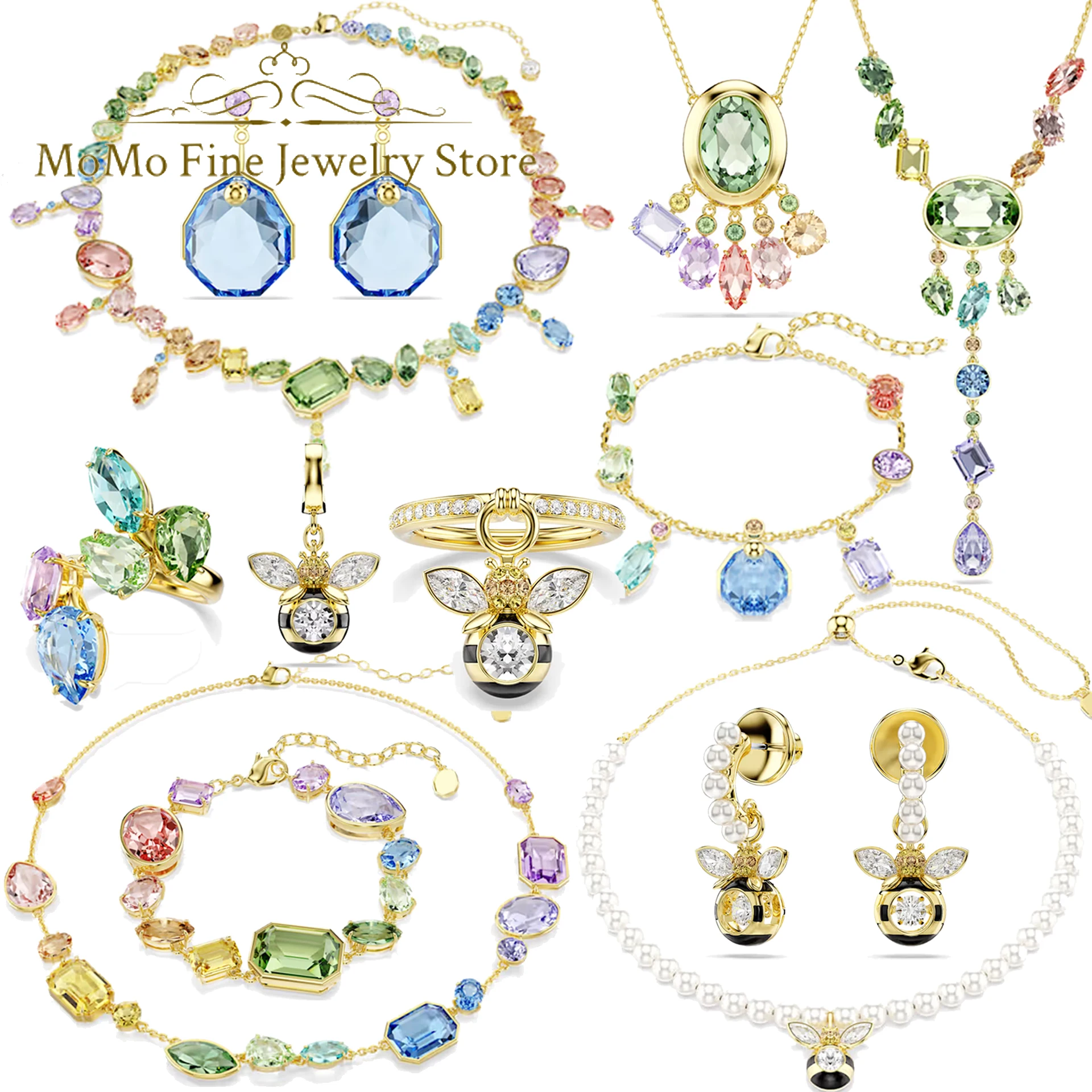 

2026 New Party Jewelry Set Charm Yellow Green Blue Sparkling Water Drop Crystal Luxury Necklace Bracelet Earrings Gift for Women