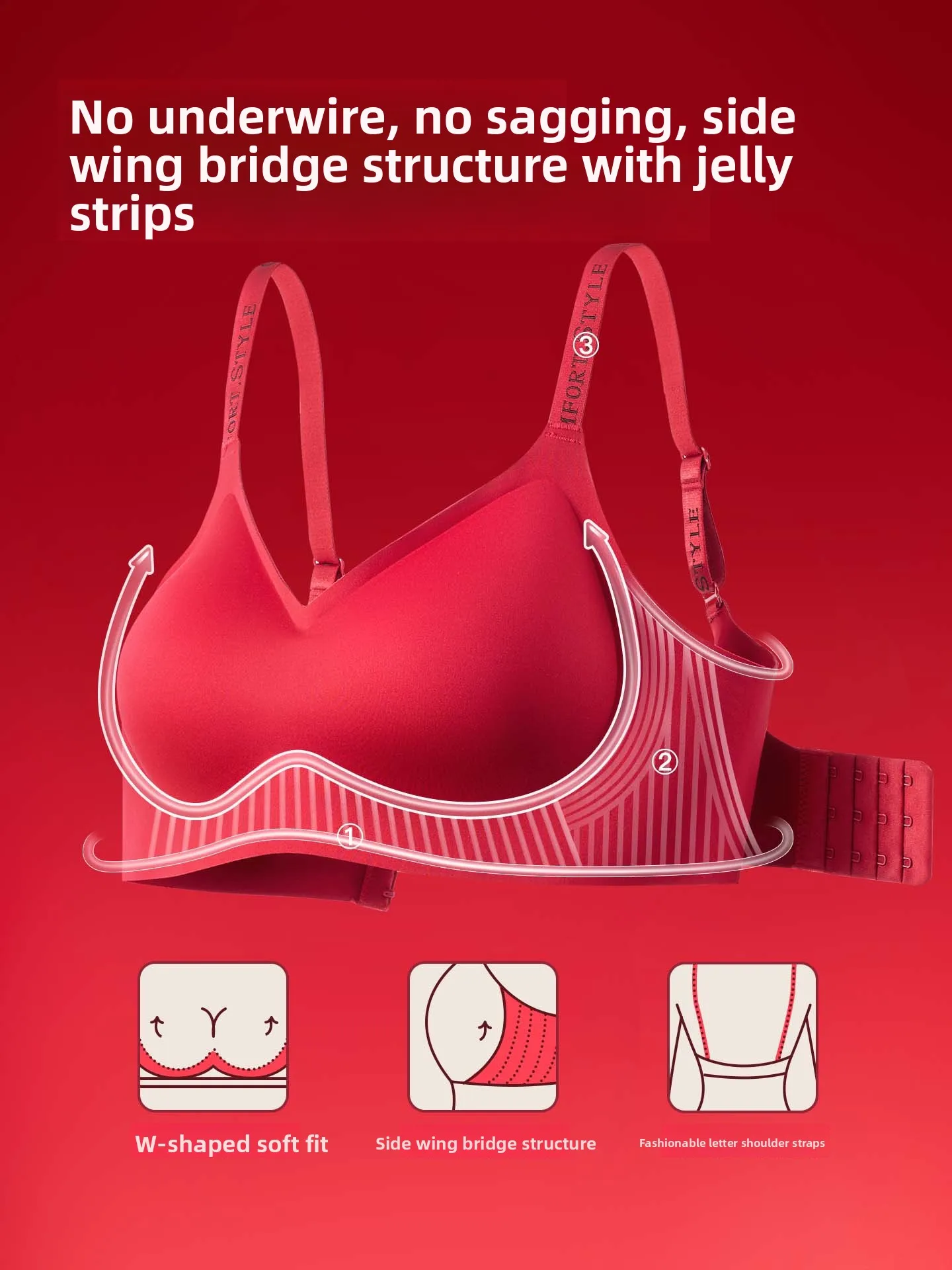 Red Wedding Bra And Panties Set Women's Underwear Gathered Support Side Breast Reduction Smooth Surface No Wire Adjustable Strap