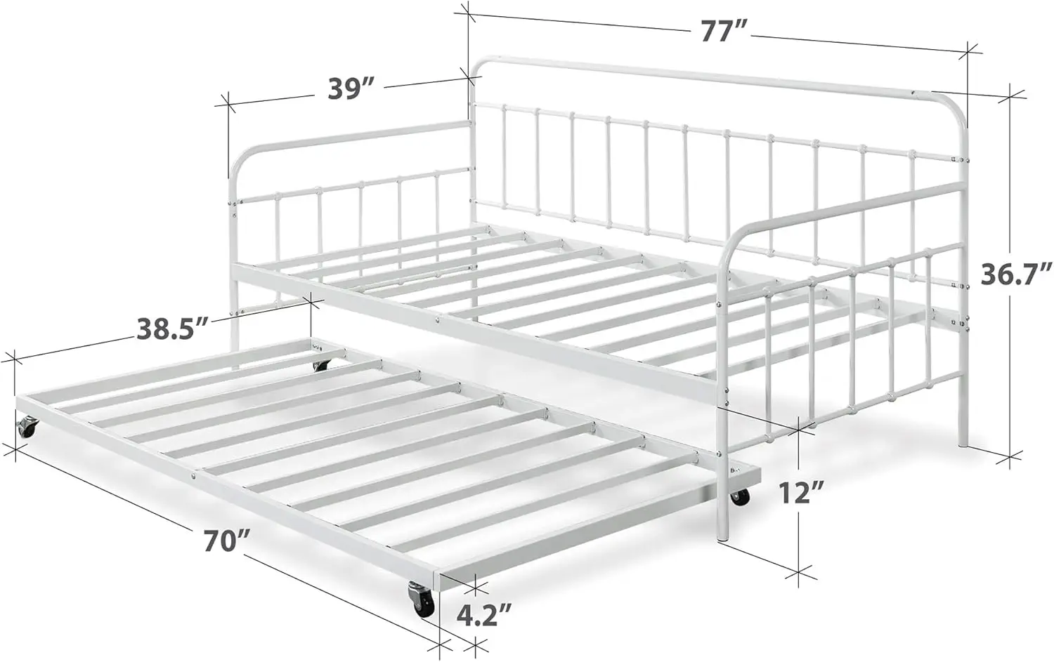 Twin Daybed and Trundle Frame Set, Premium Steel Slat Support, Daybed and Roll Out Trundle Accommodate, Twin Size