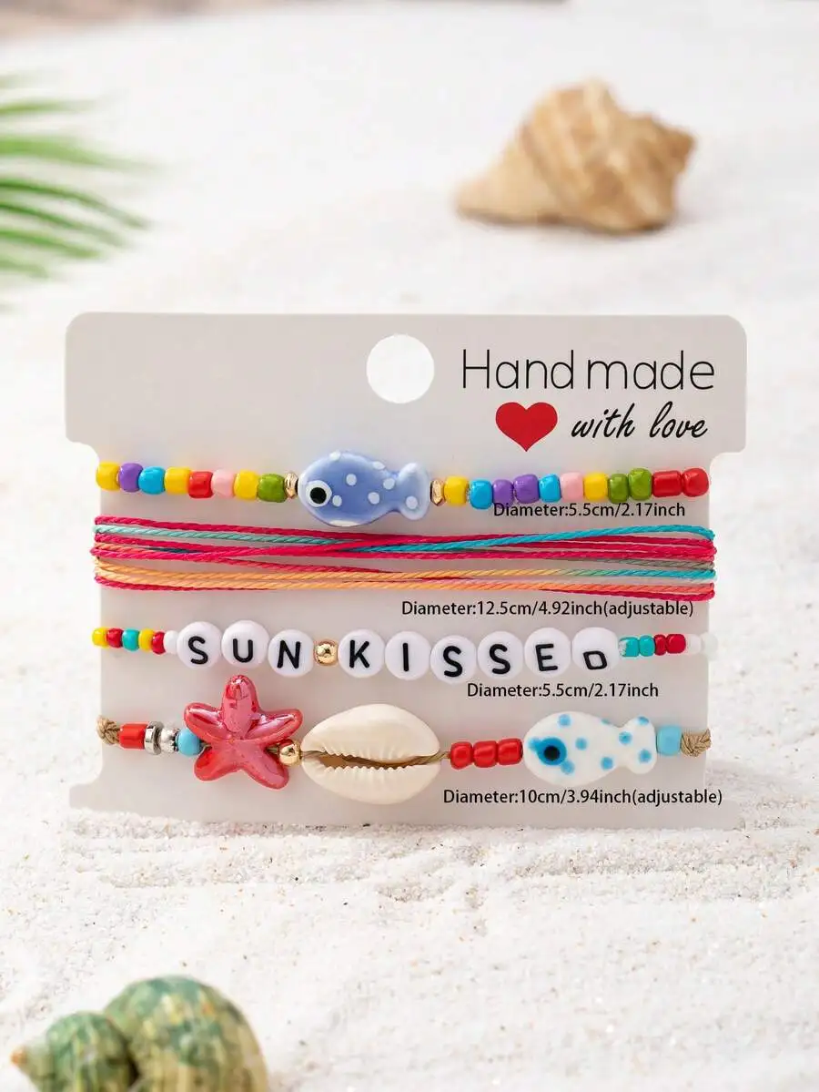 

Handmade Bohemian Ocean Theme Bracelet Set For Women With Starfish Fish Shell Beads