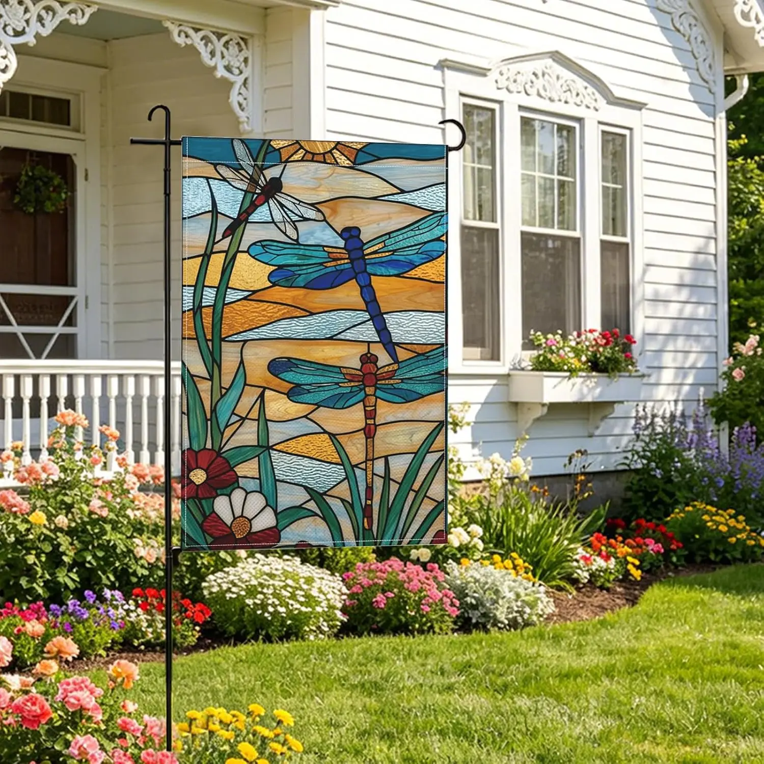 Spring Summer Garden Flag - 12 x 18 Inch Fade-Resistant Double Sided Dragonfly Floral Pattern Yard Flag Gift for Outdoor Pat kkz