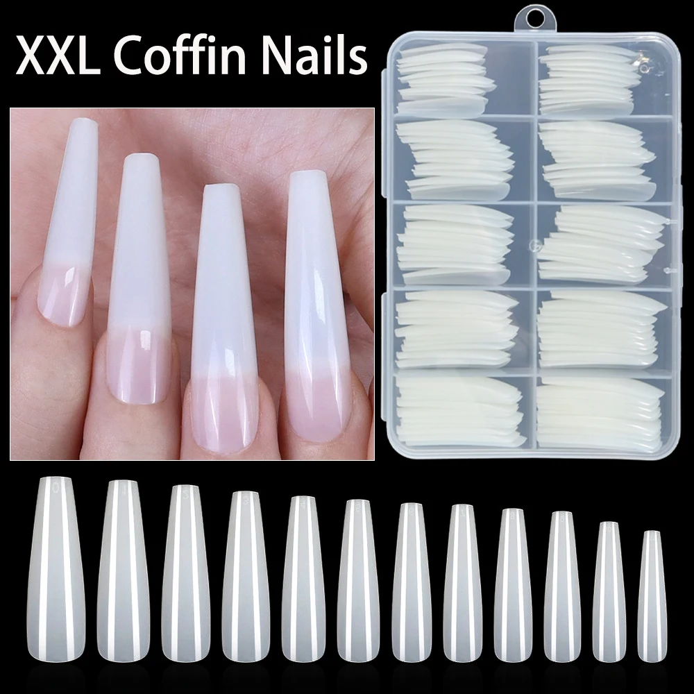 

1 box of 120pcs milky white full cover nail tips, no-file seamless material, extra long coffin shape, peelable extension nails.