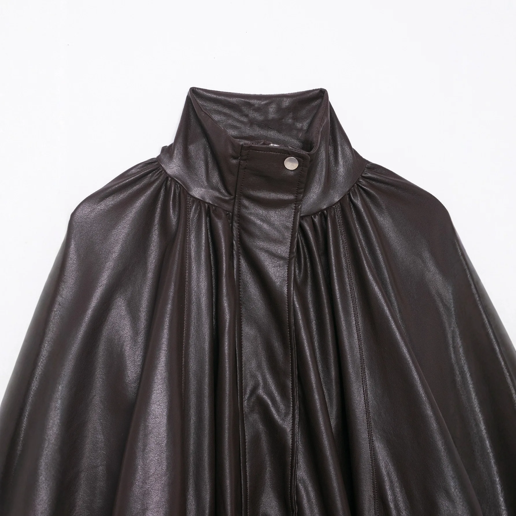 KIDCRKJ 하이스트리트 여성 봄 파일럿 코트 레트로 브라운 스탠드 칼라 엘라스틱 헴 여성 가죽 재킷 미니멀리스트 여성 아우터웨어