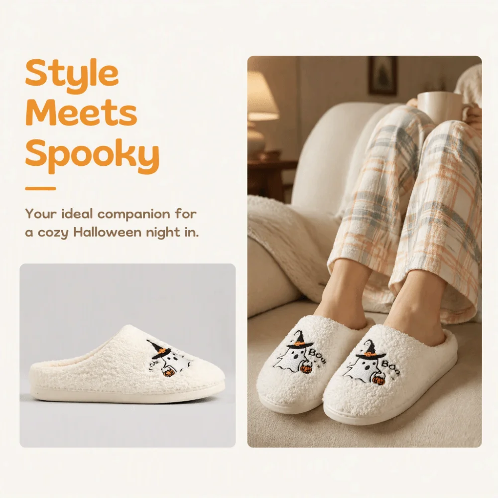 Non-Slip Soft Halloween Plush Slippers Cute Warm Ghost Pumpkin Slippers Lovely Thick Sole Winter Fluffy Slides Halloween
