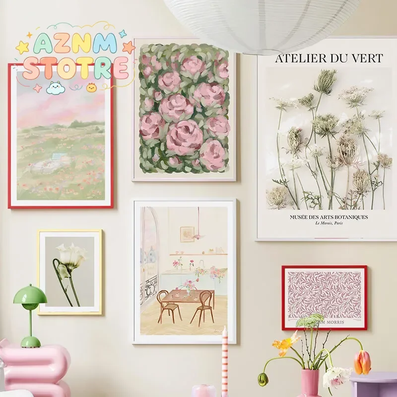 Retro Flowers Dandelion Peony Rose Leaves Gallery Posters And Prints Wall Art Canvas  Painting Pictures For Living Room De