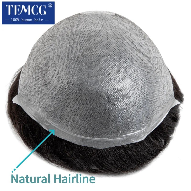 Men's Capillary Prosthesis Natural Human Hair Men's Wig Thin Skin Pu Hair Replacement System 0.02-0.04mm Thickness Men Toupee